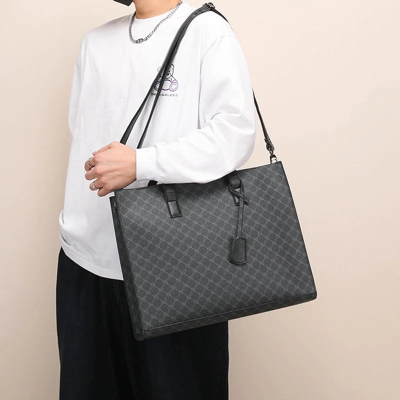 Business Men's Handbag Fashion Retro Print Office Computer Bag Street Trend PU Leather Geometric Pattern Luggage for 13 Inch...