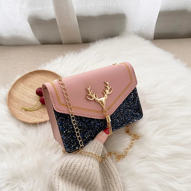 Fashion Shiny Embroidery Pu Leather Shoulder Bag for Women Mini Handbag Phone Purse Small Square Handbag Female Crossbody Bags